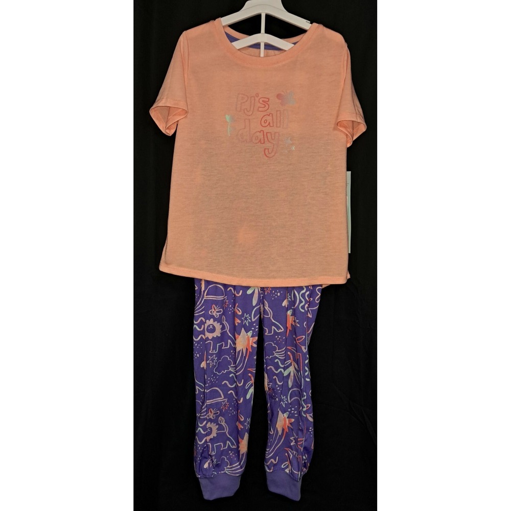 Cat & Jack, 3 pc, girls PJ's, Coral top, Purple pants & Tie dye shorts, M (7/8)